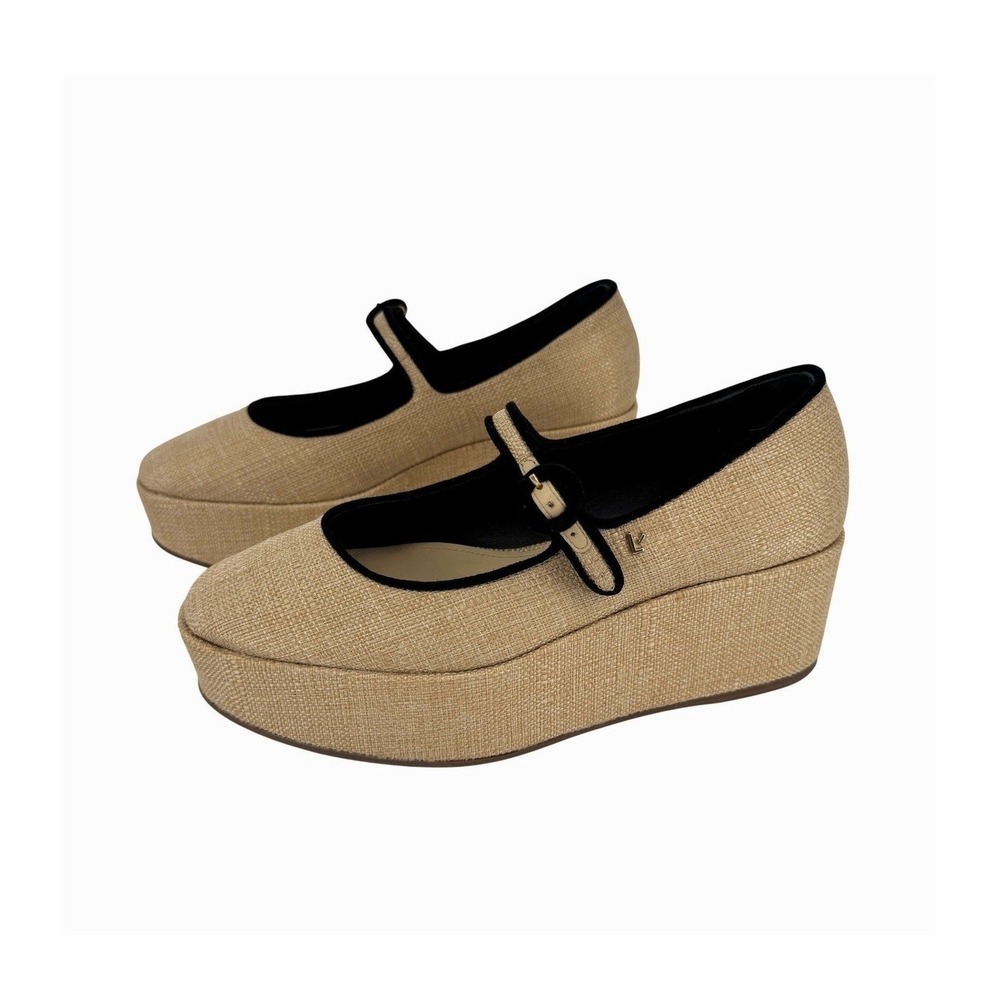 Larroude Blair Flatform Shoes Size 6 Beige Raffia Black Trim Mary Jane Wedges